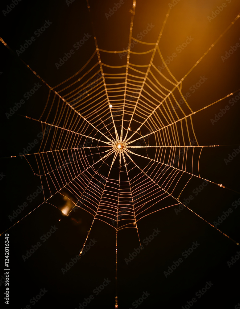 Fototapeta premium A detailed image of a delicate spider web shining with golden hues against the backdrop of a dark background, perfectly illuminated