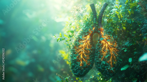 A conceptual image of lungs formed by intertwined branches, green leaves, and trees, symbolizing nature, growth, and breath. The blurred background emphasizes the symbolism of vitality and renewal. photo