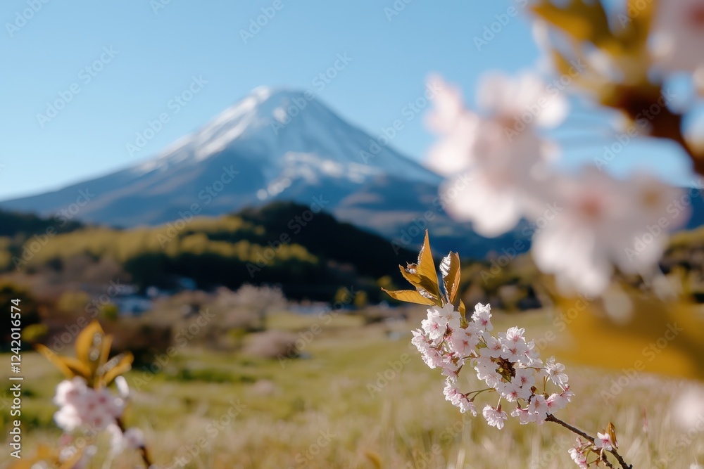 A stunning view of Mount Fuji framed by delicate cherry blossoms on a clear day, symbolizing the beauty of nature and the essence of Japanese spring scenery. A stunning view of Mount Fuji framed by delicate cherry blossoms on a clear day, symbolizing the beauty of nature and the essence of Japanese spring scenery.