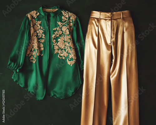 Traditional embroidered green kurta with intricate gold floral threadwork, paired with luxurious metallic gold wide-leg trousers, elegantly draped on a clothing rack in a well-lit boutique setting photo