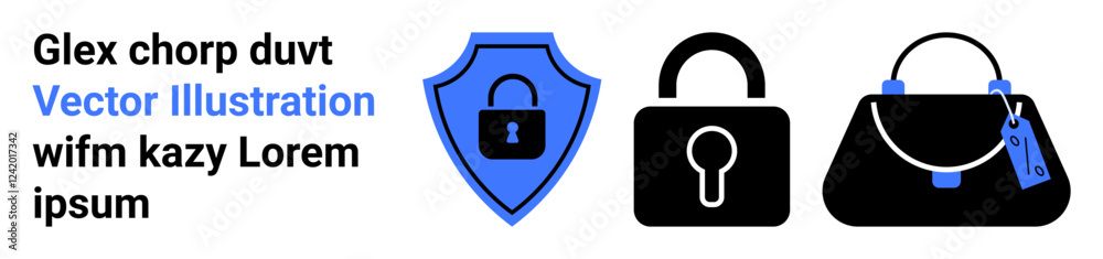 Blue shield with lock, black padlock, and handbag with tag emphasize safety, protection, and secure access. Ideal for cybersecurity, personal safety, online shopping, ecommerce privacy secure Blue shield with lock, black padlock, and handbag with tag emphasize safety, protection, and secure access. Ideal for cybersecurity, personal safety, online shopping, ecommerce privacy secure