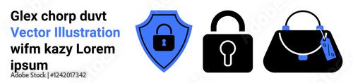 Blue shield with lock, black padlock, and handbag with tag emphasize safety, protection, and secure access. Ideal for cybersecurity, personal safety, online shopping, ecommerce privacy secure