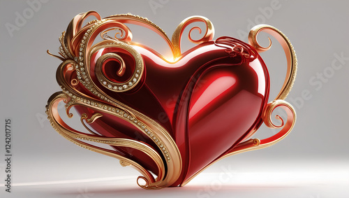 Valentine's illustration jewerly red heart,  decoration, lights,  golden details and dimonds on a white background photo