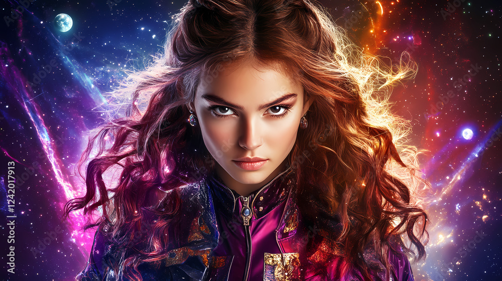 Ethereal woman in cosmic space with flowing hair, celestial bodies, and vibrant colors representing dreams and imagination in a surreal artistic landscape. Celestial Bodies as Characters. Illustration Ethereal woman in cosmic space with flowing hair, celestial bodies, and vibrant colors representing dreams and imagination in a surreal artistic landscape. Celestial Bodies as Characters. Illustration