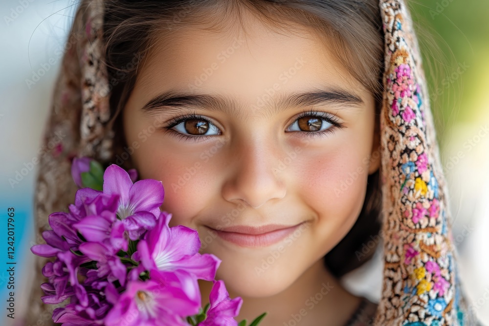 A delightful young girl wearing a beautiful scarf beams at the camera while holding a bouquet of vibrant flowers, encapsulating joy and innocence. A delightful young girl wearing a beautiful scarf beams at the camera while holding a bouquet of vibrant flowers, encapsulating joy and innocence.
