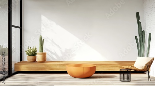 Wallpaper Mural Minimalist Interior Design Featuring Cozy Seating Area With Wooden Furniture And Lively Cactuses In Tranquil Setting Torontodigital.ca