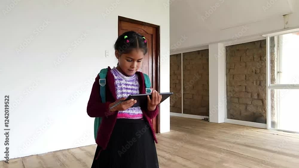 Una niña campesina en el aula conectada en Tablet, educación rural, Niña bonita aprendiendo y dibujando con el profesor en línea en tablet digital clases,Quechua.