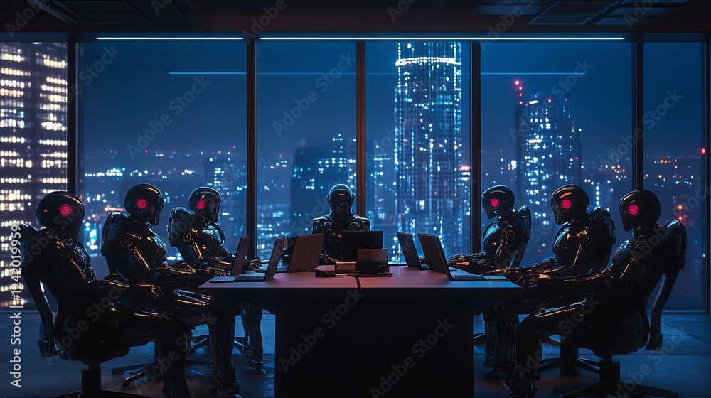 An AI robot in the office, typing on a keyboard while working on a computer, is a glimpse into future technology, facilitated by an advanced communication network.