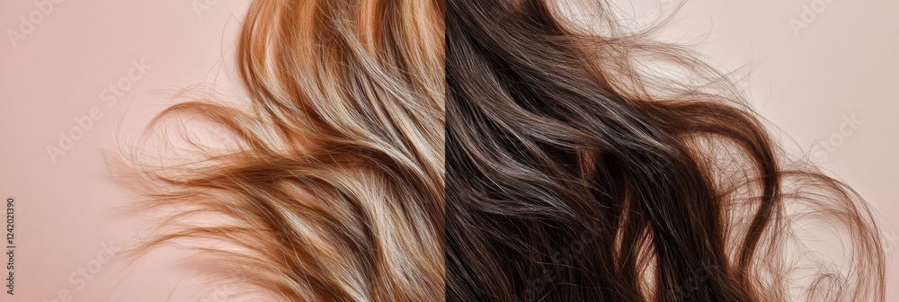 Fototapeta premium Comparison of damaged, dull hair strands versus shiny, healthy hair strands showcasing the difference in hair quality and appearance. Generative AI