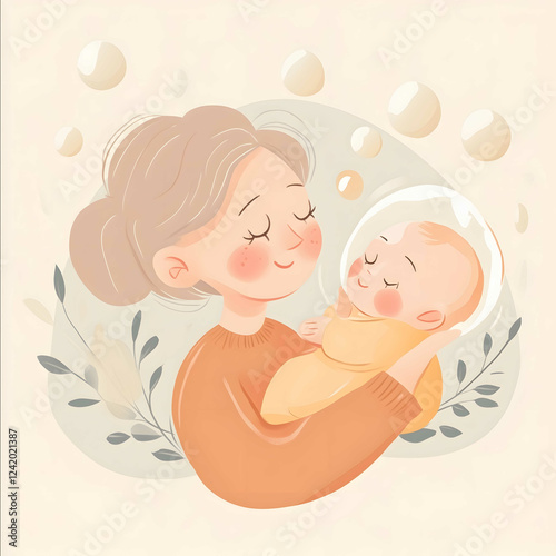 Een ouder en baby in een veilige warme bubbel met een lichte gloed om hen heen Stijl van de illustraties Gebruik zachte lijnen en pastelkleuren om een kalmerend photo