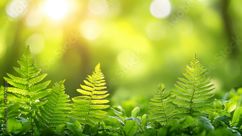 Fresh Matteuccia struthiopteris, also known as Ostrich fern, displaying vibrant green fronds in spring with soft blurred background, symbolizing renewal, growth, and natural beauty.

 photo