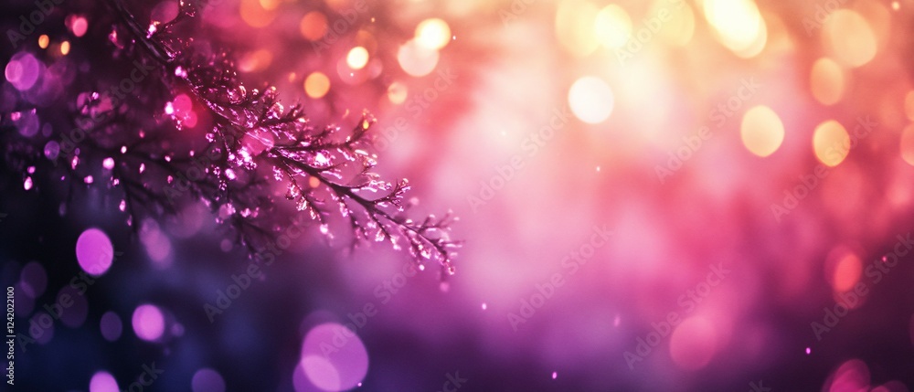 Obraz premium Ice Crystals Adorn Winter Branch Against Colorful Blurred Background