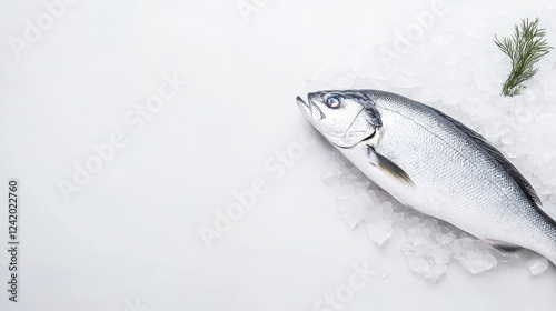 Fresh barramundi fish resting on ice at a seafood market, showcasing glistening scales and vibrant detail in soft diffused light, blurred background for emphasis