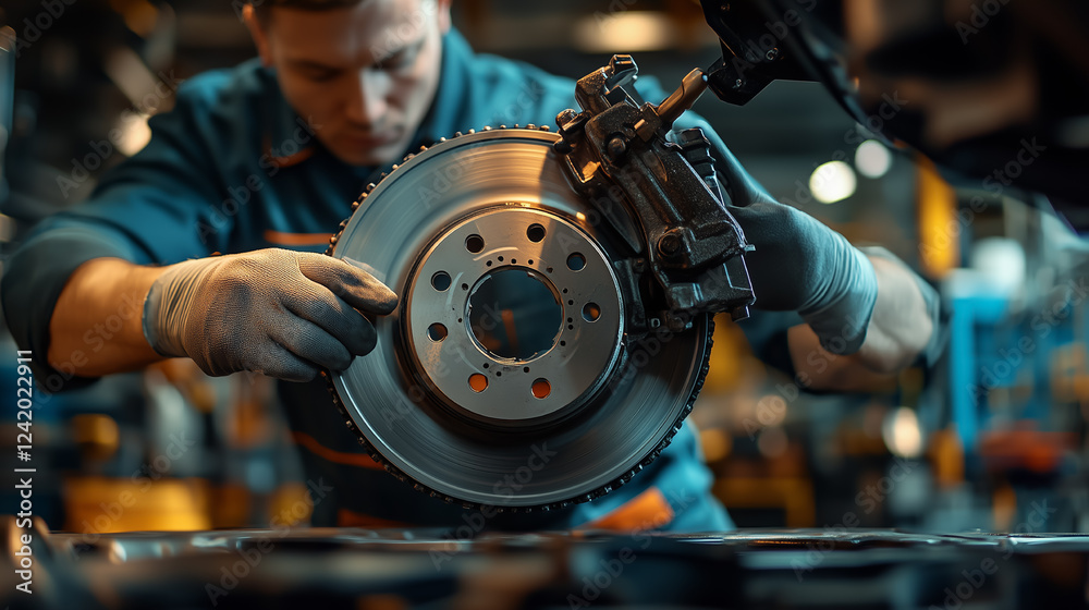 Obraz premium Photo of a mechanic carefully installing a new brake on a car, demonstrating brake replacement and automotive maintenance in a professional workshop.