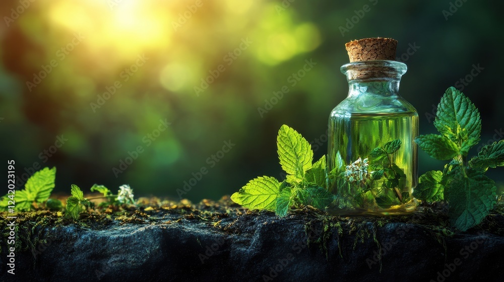 Glass Bottle of Herbal Oil Surrounded by Fresh Green Leaves Glass Bottle of Herbal Oil Surrounded by Fresh Green Leaves