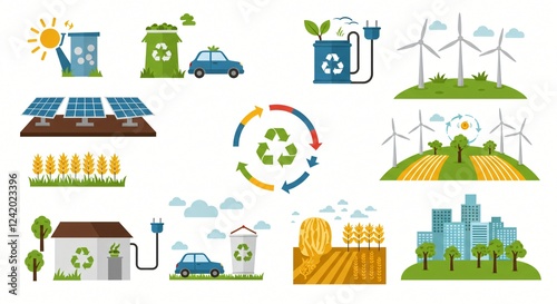Flat design ecology concepts, such as renewable energy, recycling, and sustainability
