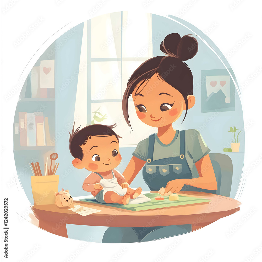 Showing Mother newborn baby love and struggle mother faces doing house hold work cartoon