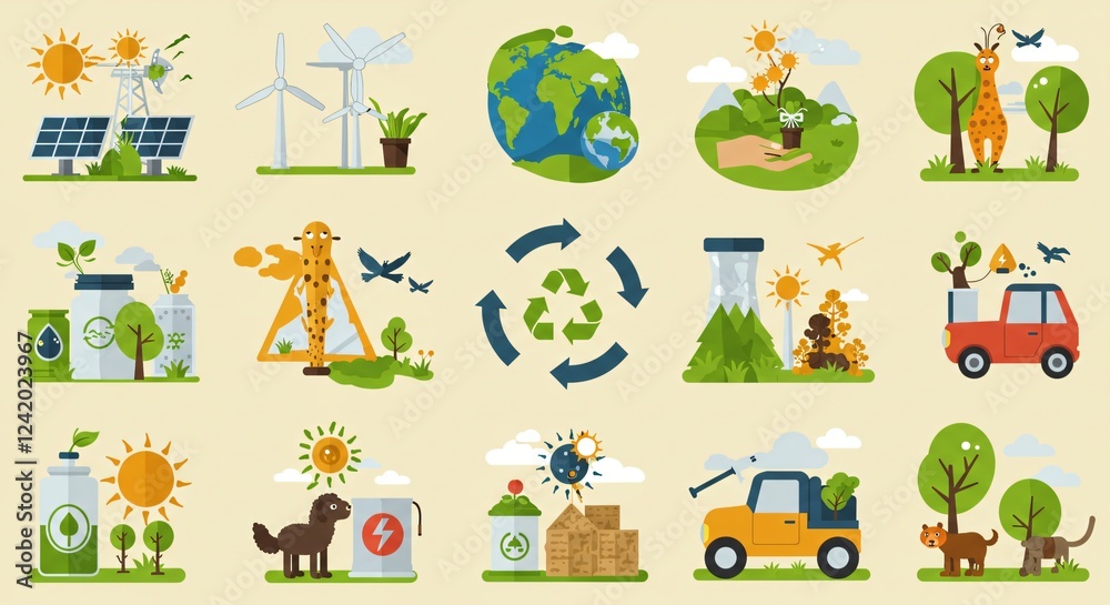 Flat design ecology concepts, such as renewable energy, recycling, and sustainability Flat design ecology concepts, such as renewable energy, recycling, and sustainability