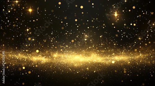 A sparkling golden background filled with shimmering particles and stars.
