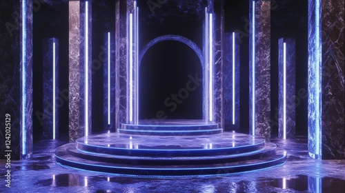 A stage featuring a 3D-rendered robot podium set against a black background