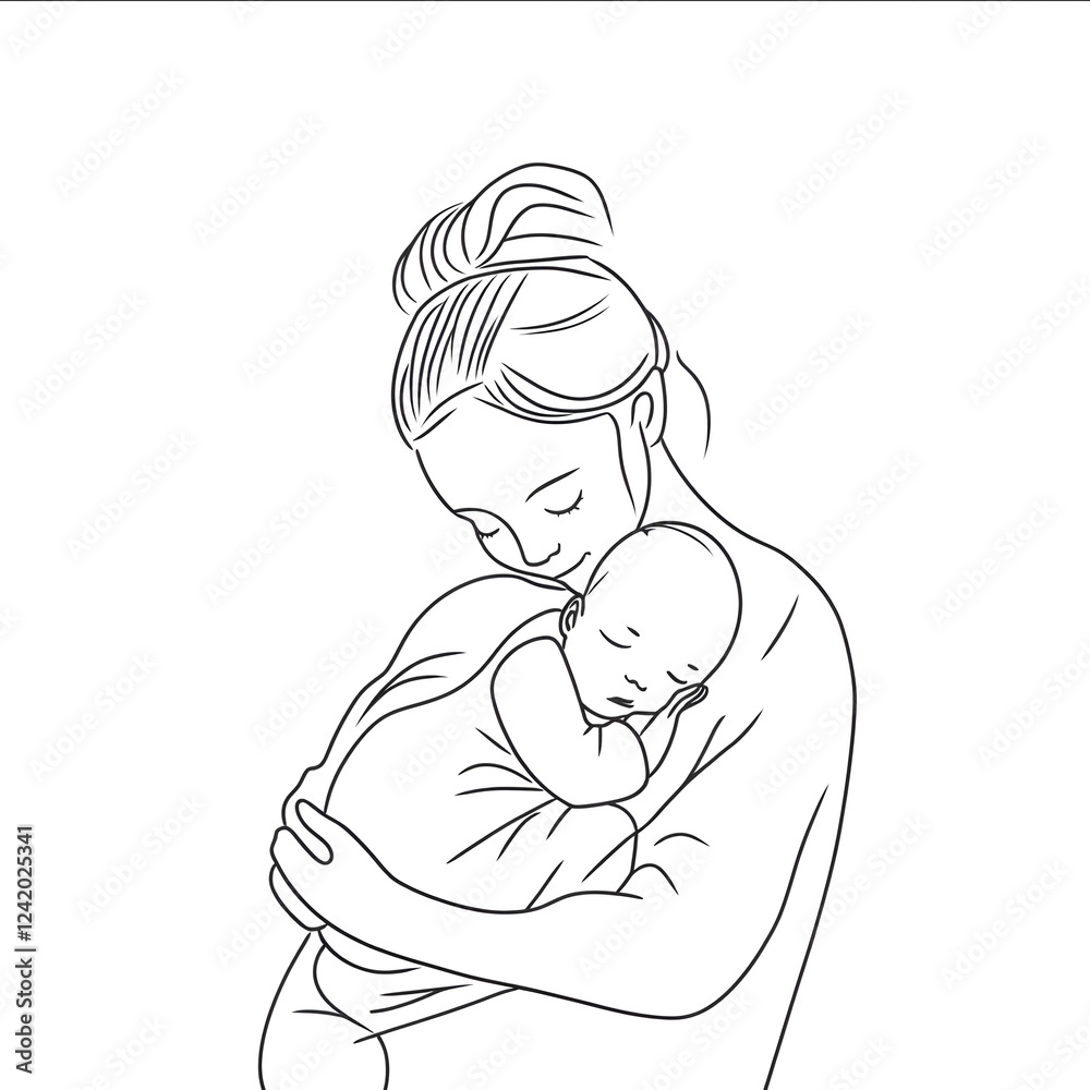 mother and newborn baby hugging minimal line art black and white mother and newborn baby hugging minimal line art black and white