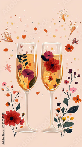 An illustration of two champagne glasses with floral patterns and fireworks in the background. Valentine's Day, Women's Day, Easter