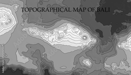 Topographic map in black and white. Geographic relief of mountains and ocean floor in vector illustration. Texture of topographic image. Graphic contour lines of height. Bali, Indonesia culture