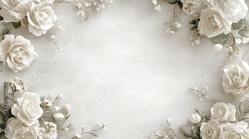 Fototapeta Naklejka Na Ścianę i Meble -  White roses frame, marble, blank space, wedding invitation