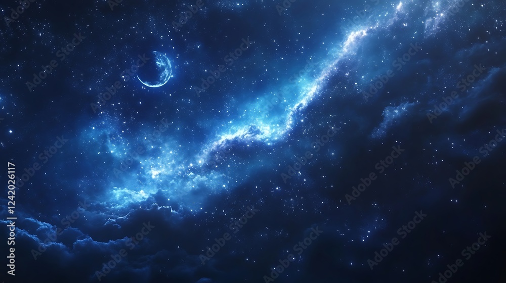 Fototapeta premium A starry night sky filled with vibrant blue hues and celestial elements.