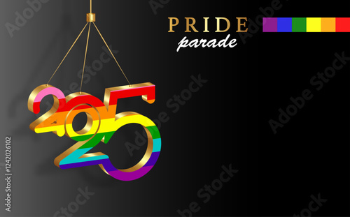 Pride parade 2025 banner design for celebration of LGBTQ+ rights and parades with rainbow colors. Hand drawn colorful lgbt template copy space. Vector isolated on black background
