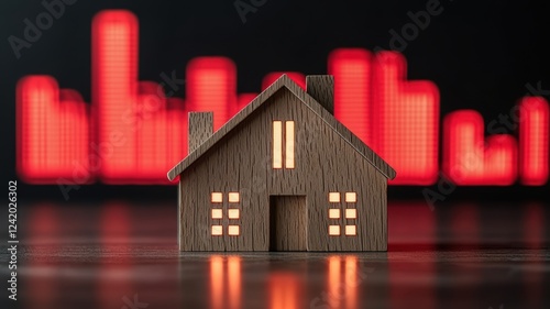 A wooden house model with illuminated windows stands against a vibrant, abstract background featuring red bars, symbolizing growth or data visualization.