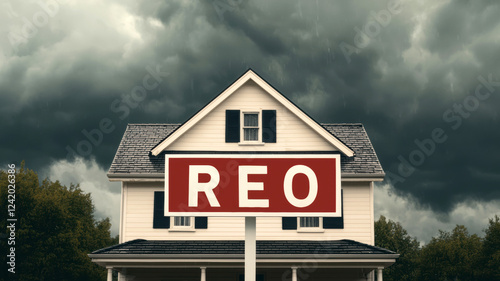 A house under dark clouds with a prominent 