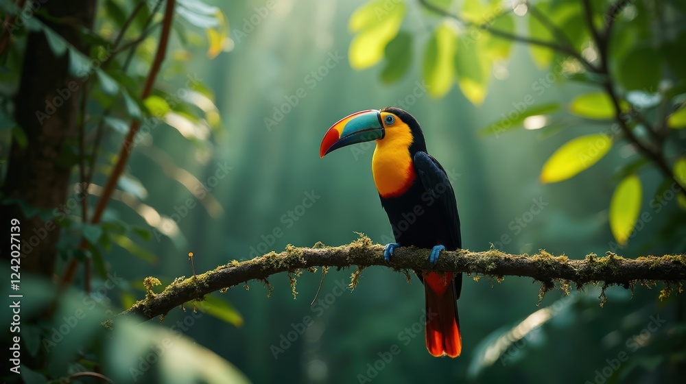 Fototapeta premium A Colorful Bird Perched on a Tree Branch in a Forest - Generative AI