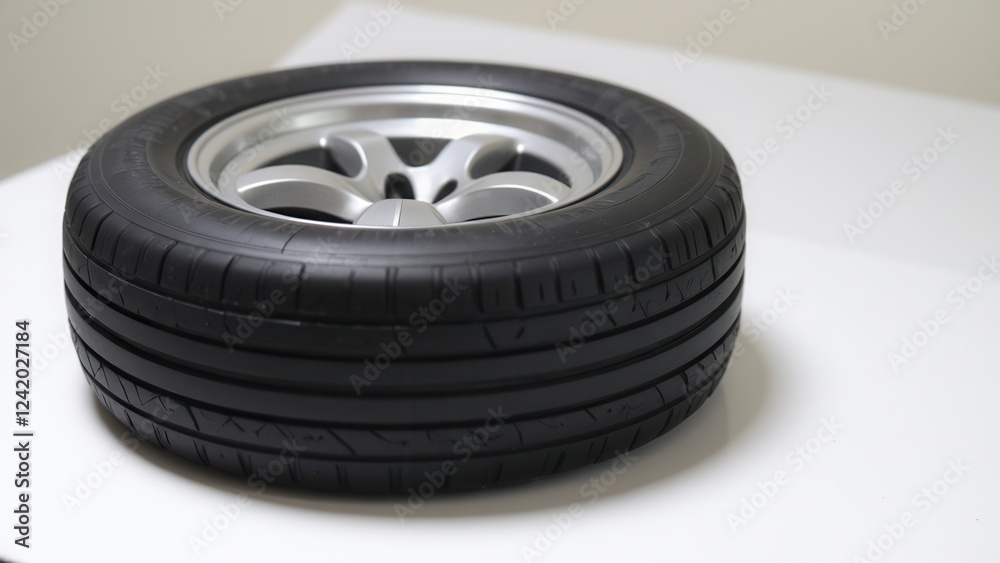 Obraz premium Photo of various car tires, showing a close-up of the tires with different rim designs, highlighting their quality and tread pattern.