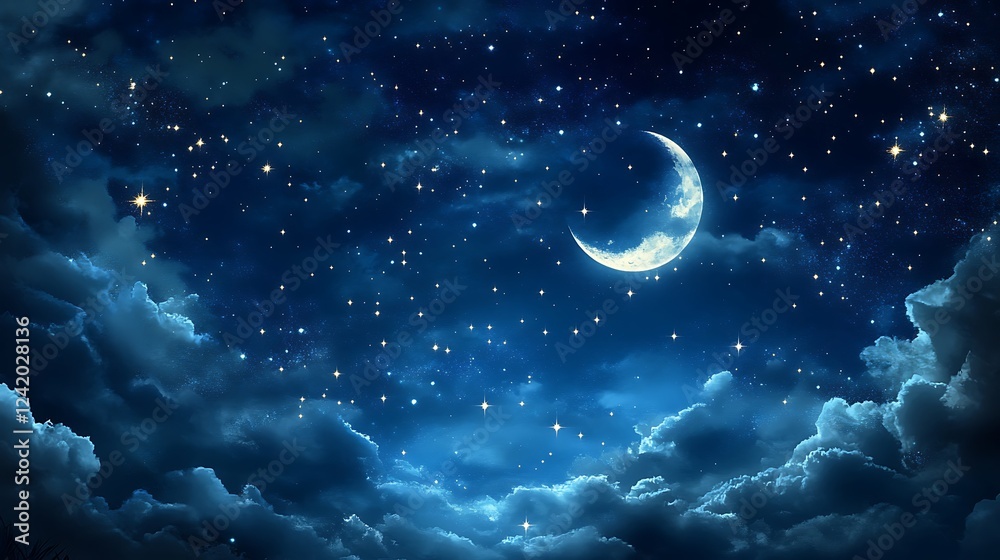 Fototapeta premium A serene night sky with a crescent moon and twinkling stars among soft clouds.
