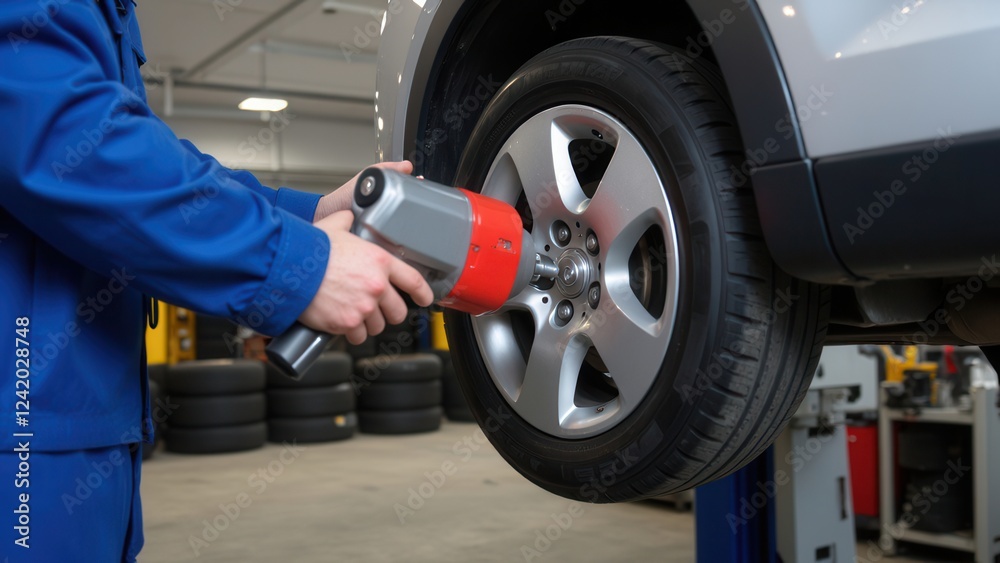 custom made wallpaper toronto digitalPhoto of a mechanic using a power tool to remove and install car wheels in a tire workshop, showcasing automotive maintenance and tire change services.