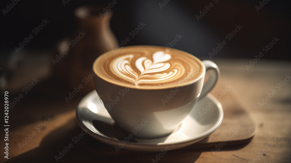 Perfect Heart Latte Art In Ceramic Mug On Cozy Wooden Table Setting Perfect Heart Latte Art In Ceramic Mug On Cozy Wooden Table Setting