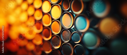 Colorful arrangement of circular metal cans in a gradient pattern, creating a visually striking background