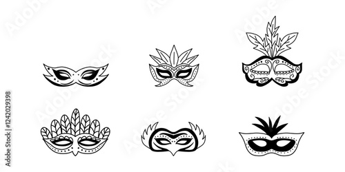Carnival masks collection in doodle style. Masqeurade mask sketches for decorating festive invitations, banners, greeting cards.