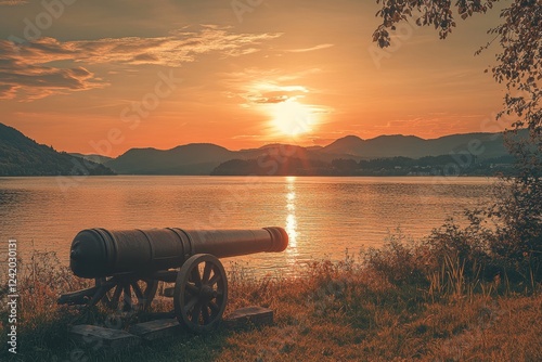 Una antigua pieza de artillería, conocida como cañón largo español, se encuentra en el paseo marítimo de la villa de Santoña, España photo