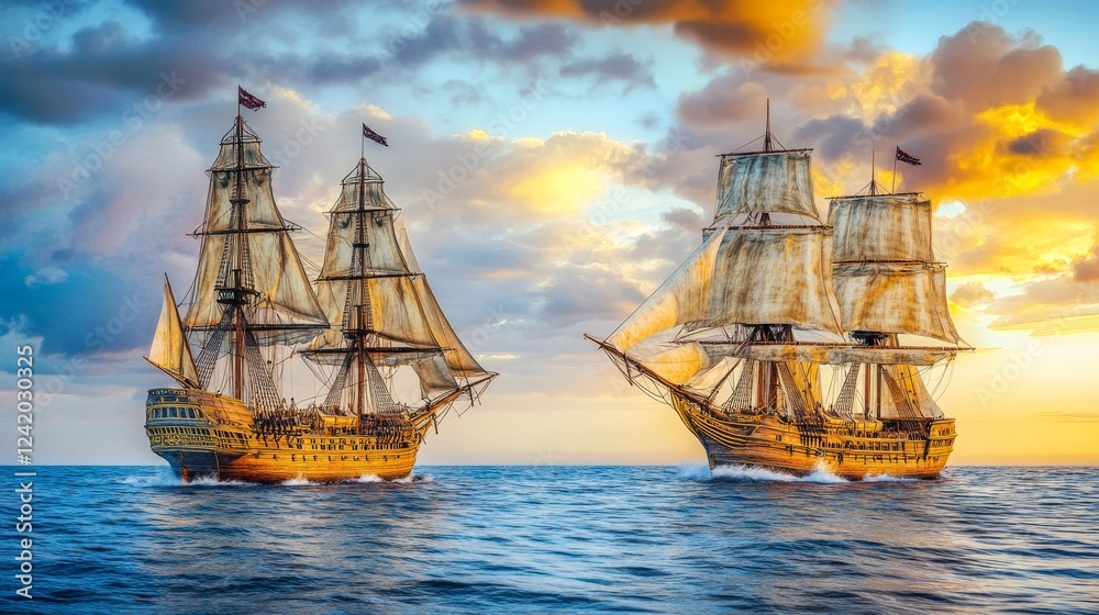 Obraz premium Fantasy pirate landscape coming to life as a sea battle takes place at sunset, with broken old ships scattered on the waves. Illustrated in 3D