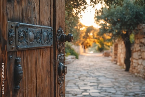 An ancient wooden door frames the entrance to a castle that has been transformed into the modern Navarino fortress, standing impressively along a stone road and robust walls photo