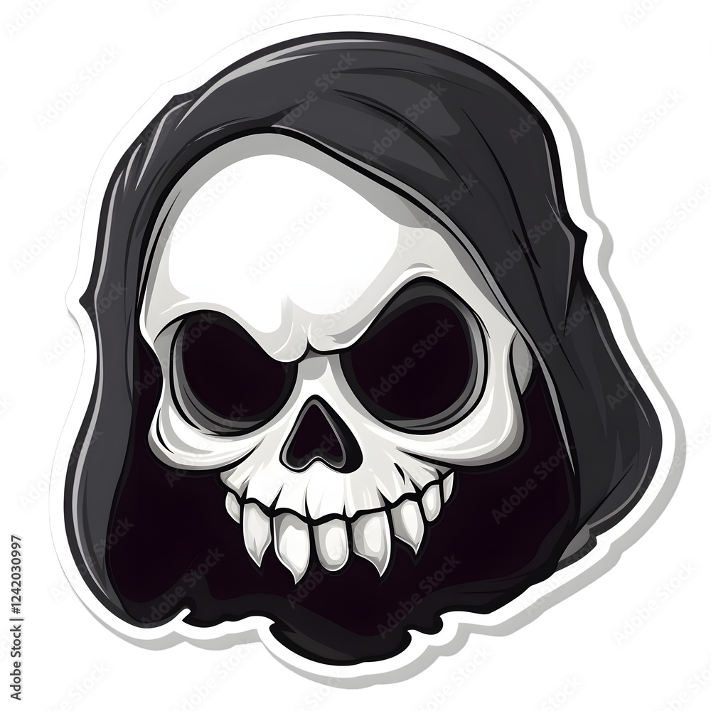 Fototapeta premium Grim Reaper Skull Sticker – Dark Hooded Skeleton Illustration for Gothic Designs