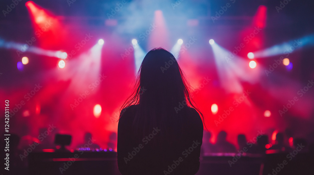 A silhouette of a woman stands in a concert venue illuminated by red and blue stage lights with a lively crowd in the background
A silhouette of a woman stands in a concert venue illuminated by red and blue stage lights with a lively crowd in the background