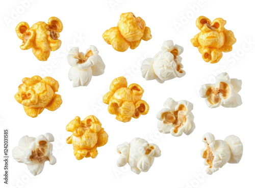 Close-up of yellow and white popcorn scattered on transparent background