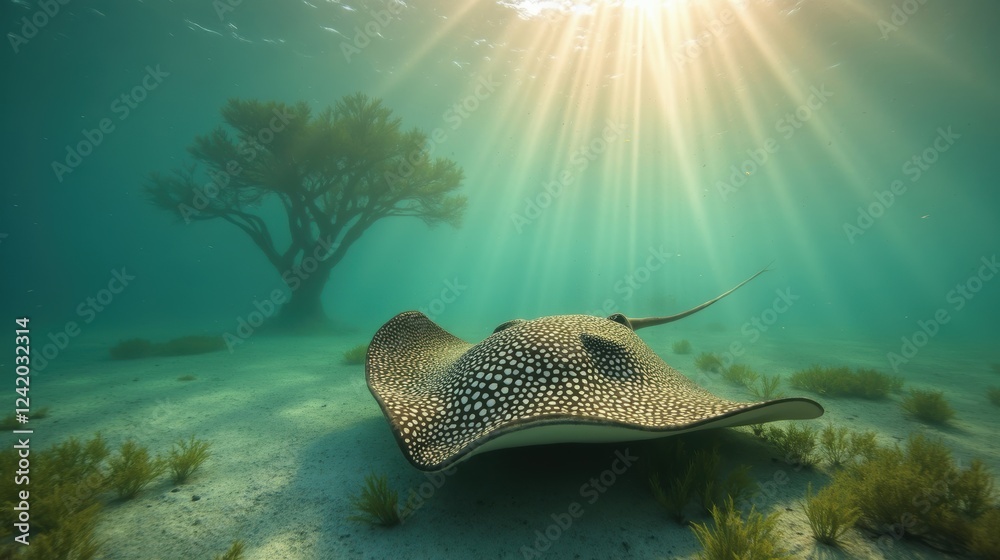 Fototapeta premium A Stingray Is Laying on the Ocean Floor Near a Tree - Generative AI