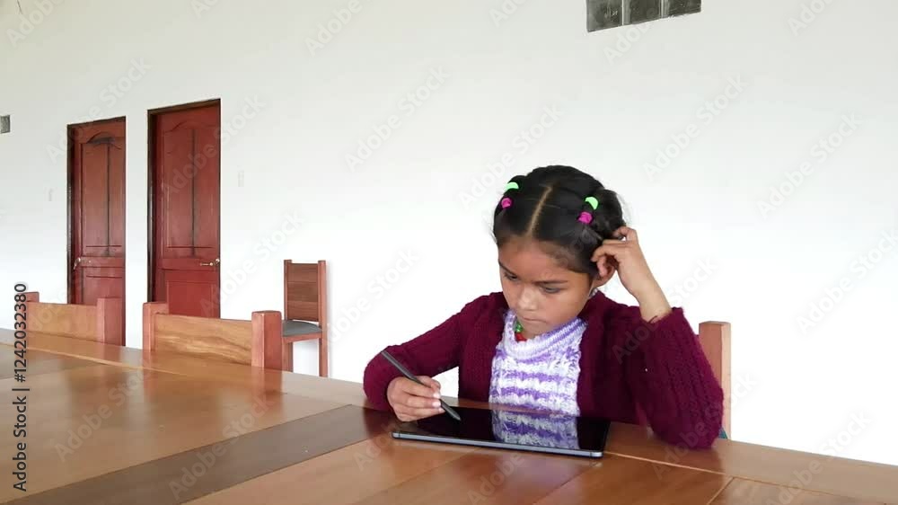 Una niña campesina en el aula conectada en Tablet, educación rural, Niña bonita aprendiendo y dibujando con el profesor en línea en tablet digital clases,Quechua.