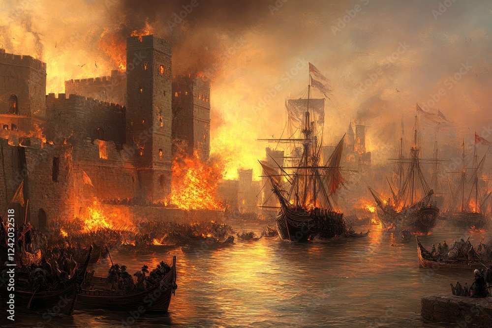 custom made wallpaper toronto digitalEpic Naval Clash: Ancient Ships Battle on the High Seas, Soldiers Board Enemy Vessels Amidst Storm and Warfare