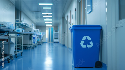Recycling bin in hospital hallway promoting eco-friendliness and waste management