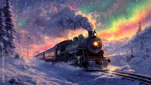 A fantastical wallpaper showing a steam locomotive of the polar express cutting through a snow-covered landscape under the northern lights. Steam & Diesel Punk. Illustration